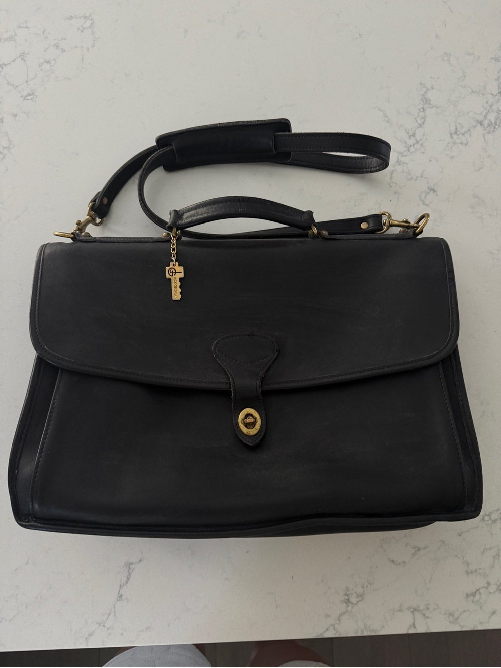Jack George’s Genuine Black Leather Briefcase / Satchel with Gold Hardware